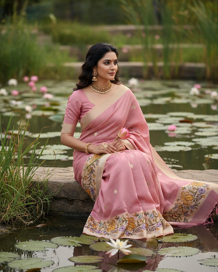 Mangalagiri Silk Silver Zari Weaving Checks Design With Digital Border - Onion Pink