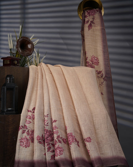 Tissue Linen Saree With Floral Print & Knot Work - Beige & Wine