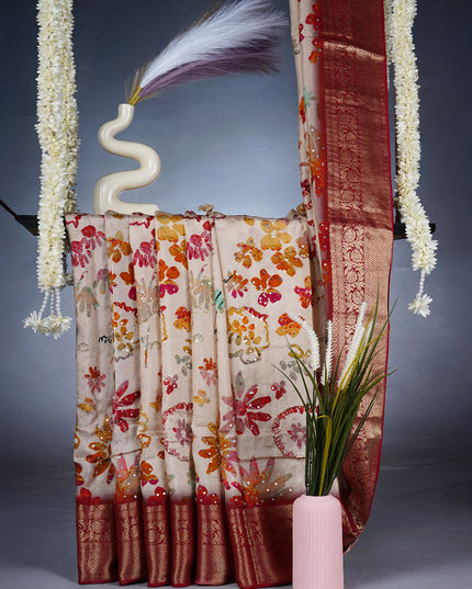 Banarasi Saree featuring Half white body with colorful Sequin like floral designs & a broad intricately woven red & Gold Zari border - Half White