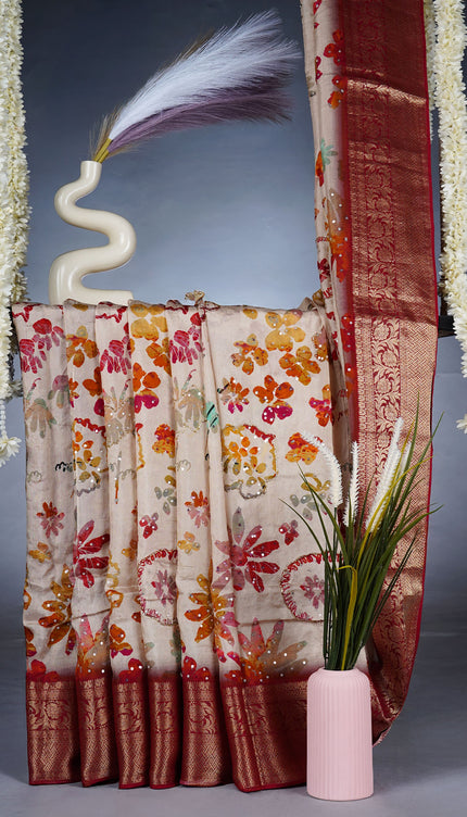 Banarasi Saree featuring Half white body with colorful Sequin like floral designs & a broad intricately woven red & Gold Zari border - Half White