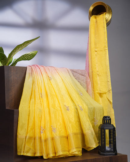 Russian Crepe with Kardhana Sequence Butties and Banaras Border Mustard Yellow