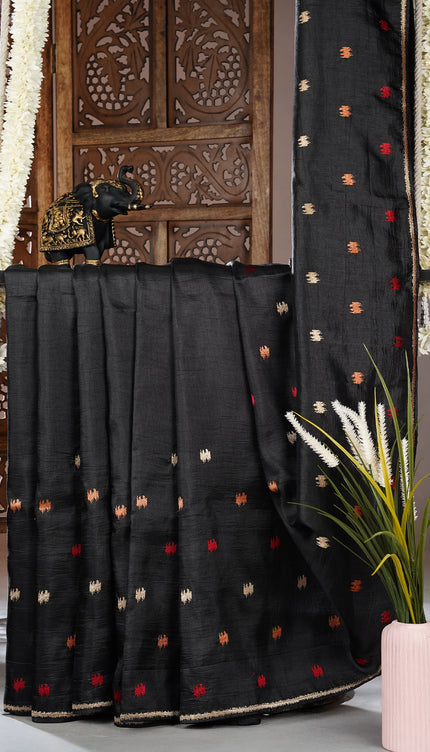 Dupion silk saree with thread butties and border - Black