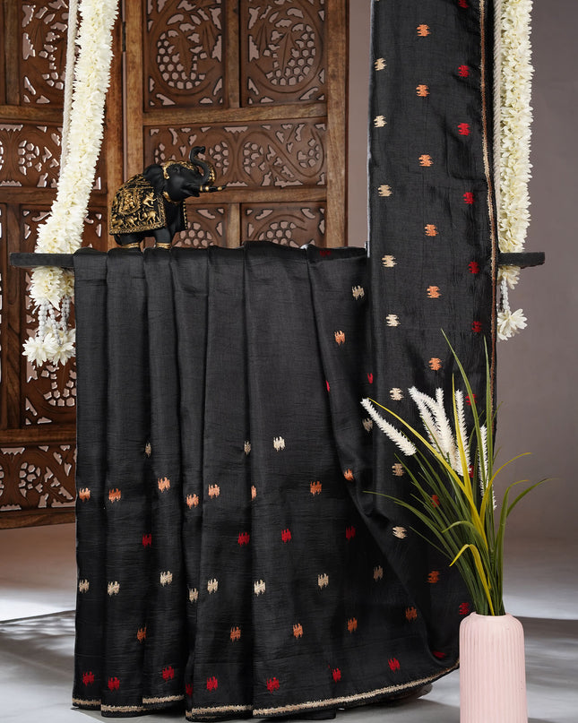Dupion silk saree with thread butties and border - Black