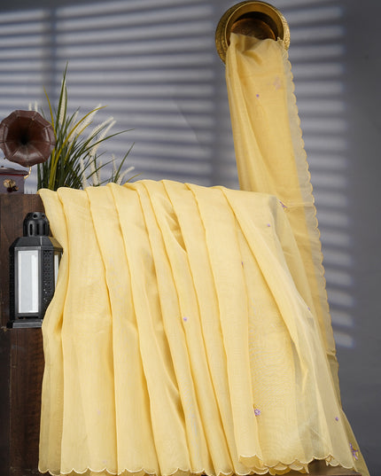 Tissue Linen Saree With Thread Knot Work Butties With Scallop Border - Light Yellow
