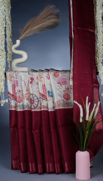 Tissue Silk Saree With Digital Print - Maroon