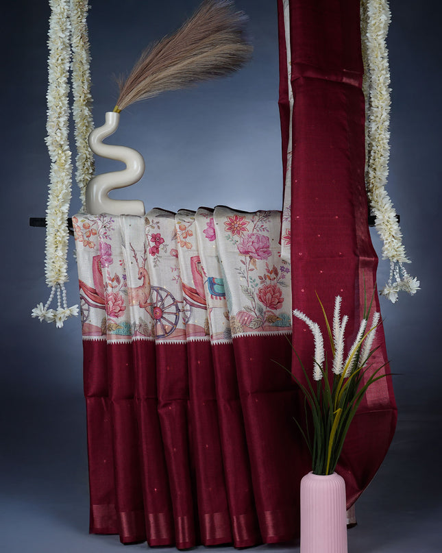 Tissue Silk Saree With Digital Print - Maroon