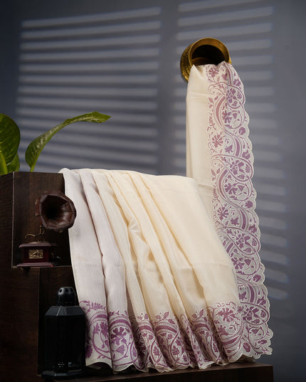 Kota Silk Saree Floral Print With Scallop Border - Cream & Lavender