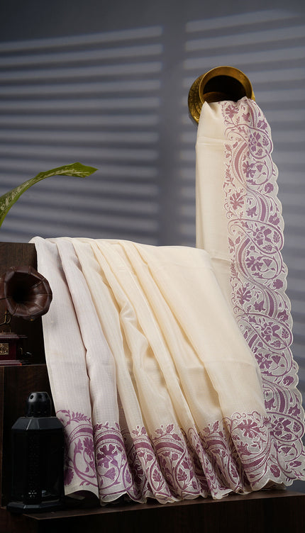 Kota Silk Saree Floral Print With Scallop Border - Cream & Lavender