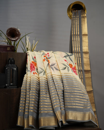 Monga Silk Digital Print Golden Zari Kaddi Border - Grey