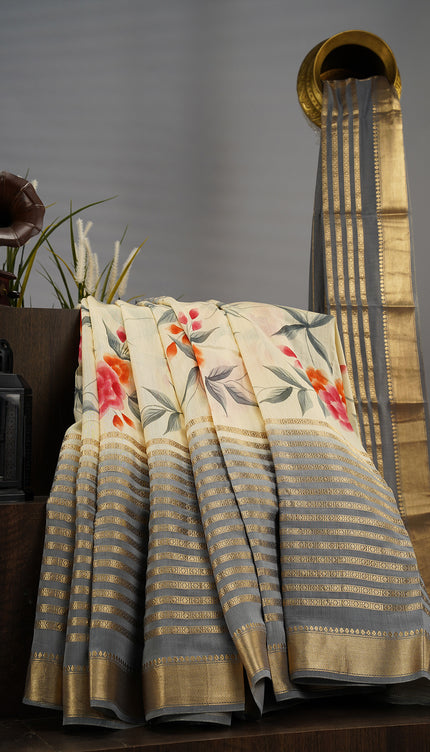 Monga Silk Digital Print Golden Zari Kaddi Border - Grey