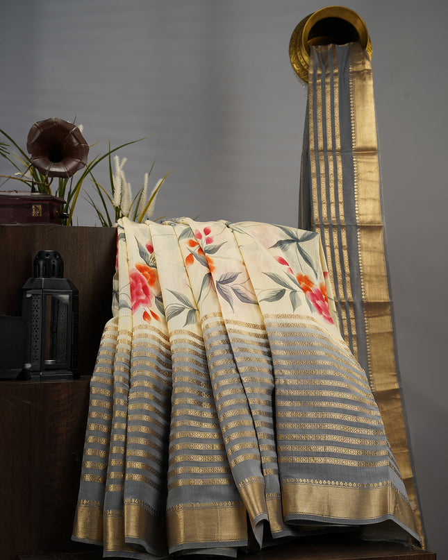 Monga Silk Digital Print Golden Zari Kaddi Border - Grey