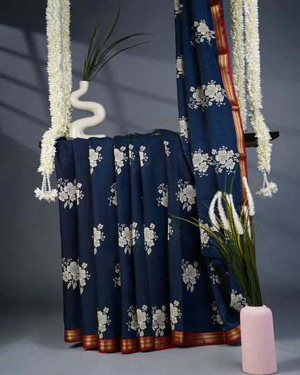 Muslin Silk Saree with Floral Print Butties and Contrast Border- Blue