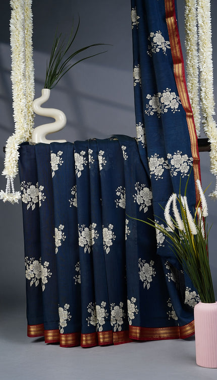 Muslin Silk Saree with Floral Print Butties and Contrast Border- Blue