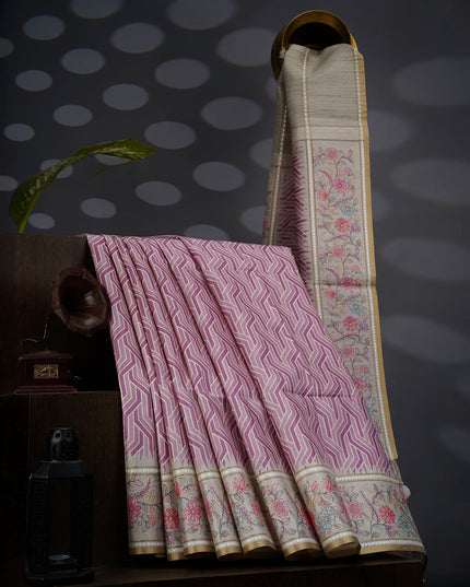 Tusser Silk Saree With Floral Print Border - Light Pink
