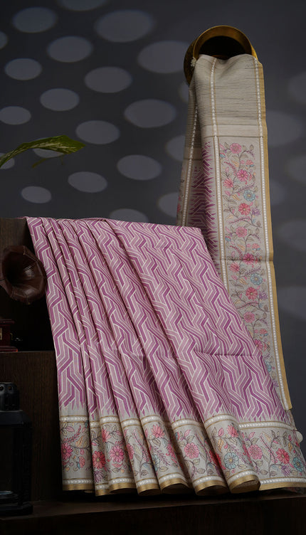 Tusser Silk Saree With Floral Print Border - Light Pink