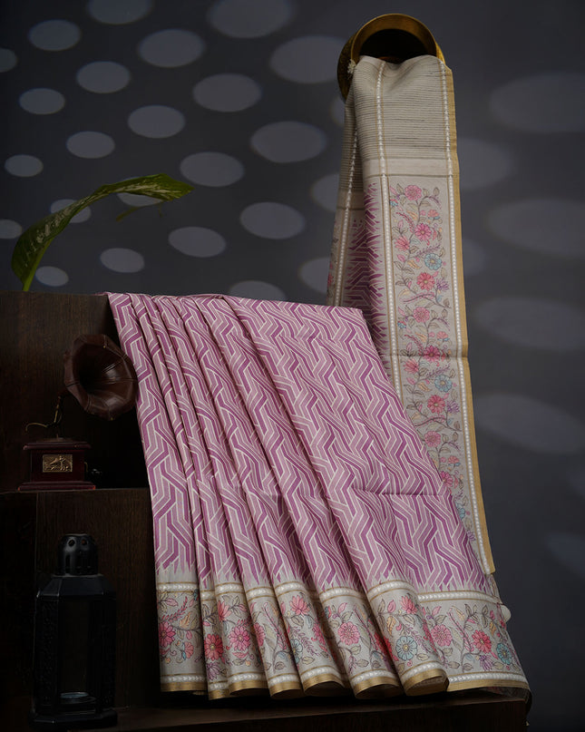 Tusser Silk Saree With Floral Print Border - Light Pink