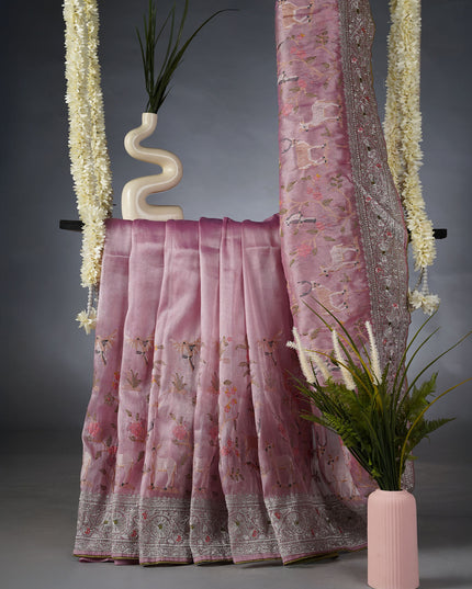 Soft Tissue Organza Saree with Zari & Thread Embroidery Pichuai Design - Baby Pink