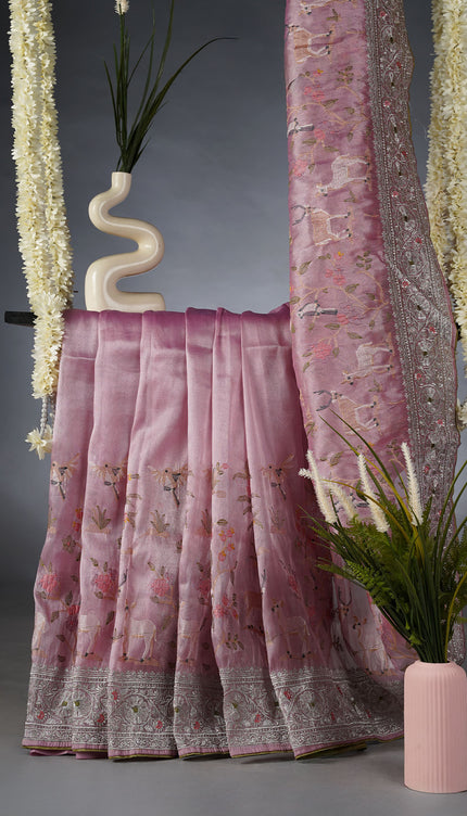 Soft Tissue Organza Saree with Zari & Thread Embroidery Pichuai Design - Baby Pink