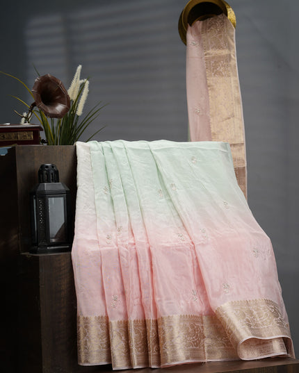 Russian Crape With Kardhana And Stone & Perarl Work Butties And Banaras Border - Peach & Blue