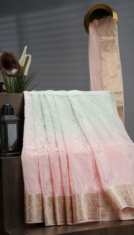 Russian Crape With Kardhana And Stone & Perarl Work Butties And Banaras Border - Peach & Blue