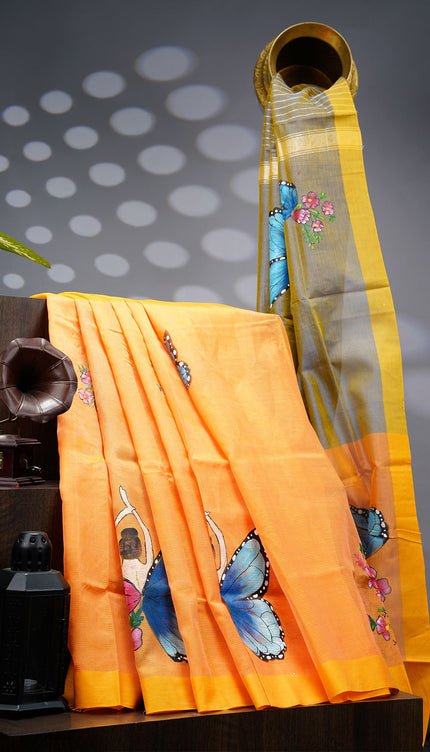 Mangalagiri Silk Saree With Hand Painting - Orange