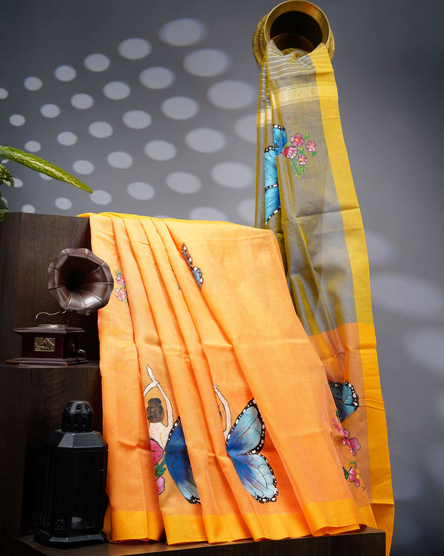 Mangalagiri Silk Saree With Hand Painting - Orange