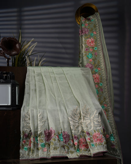 Tissue Georgette With thread Embroidery Work And Border - P Green