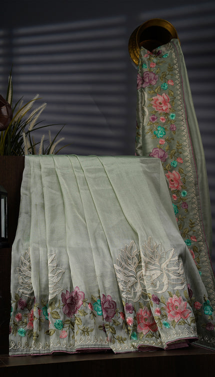 Tissue Georgette With thread Embroidery Work And Border - P Green