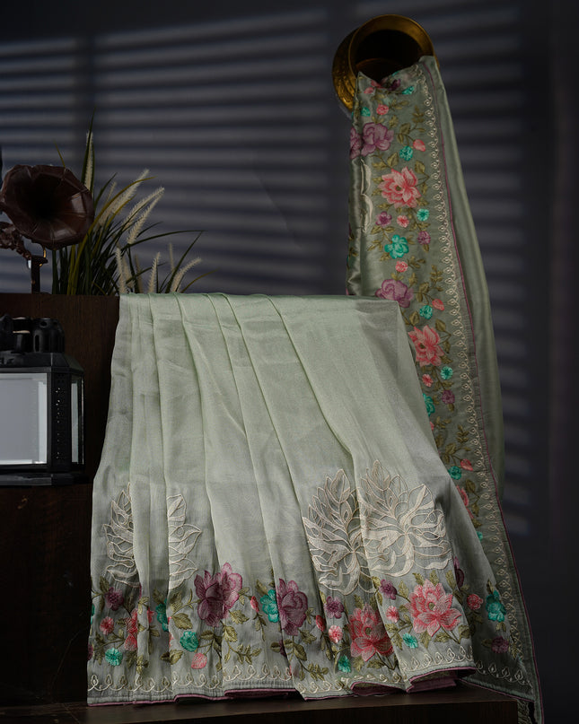 Tissue Georgette With thread Embroidery Work And Border - P Green