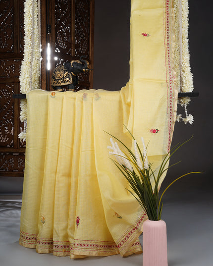 Kota saree with kantha work zari border - Yellow