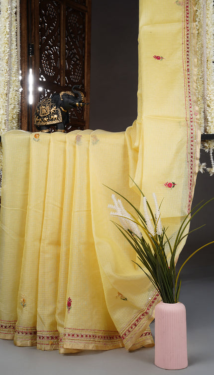 Kota saree with kantha work zari border - Yellow