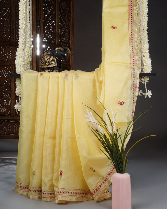 Kota saree with kantha work zari border - Yellow