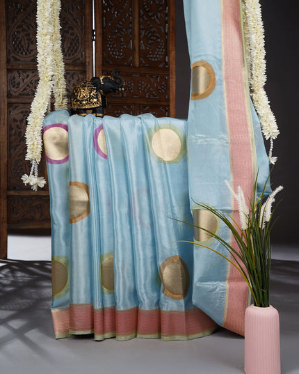 Wrinkle Crepe Saree With Gold Zari Butties Contrast Border - Sea Blue