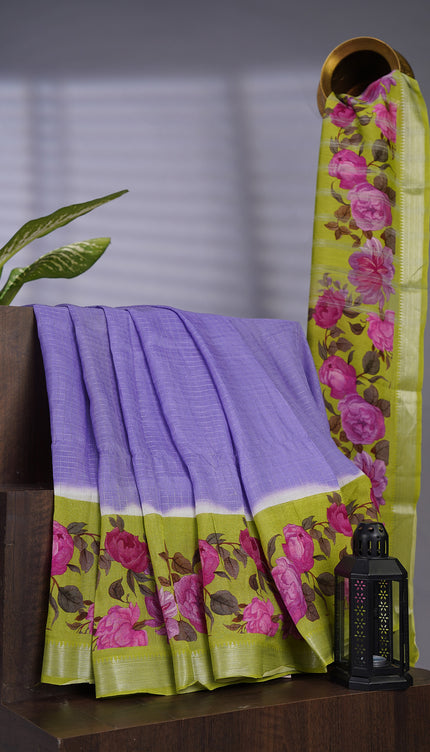 Mangalagiri Silk Silver Zari Weaving Checks Design With Digital Border - Lavender