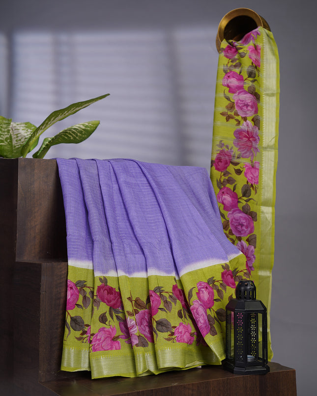 Mangalagiri Silk Silver Zari Weaving Checks Design With Digital Border - Lavender