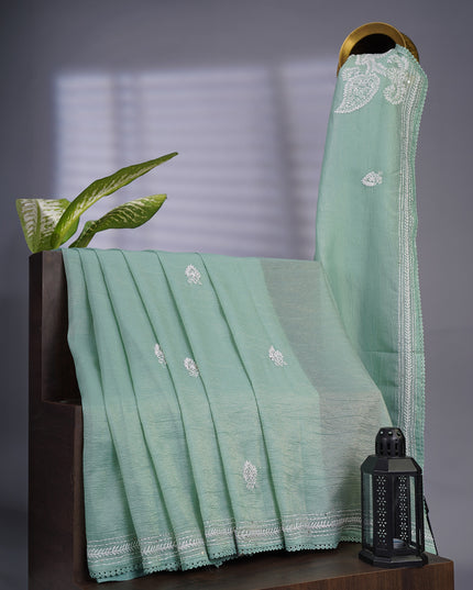 Crush Organza With Kantha Work & Lace Border - Green