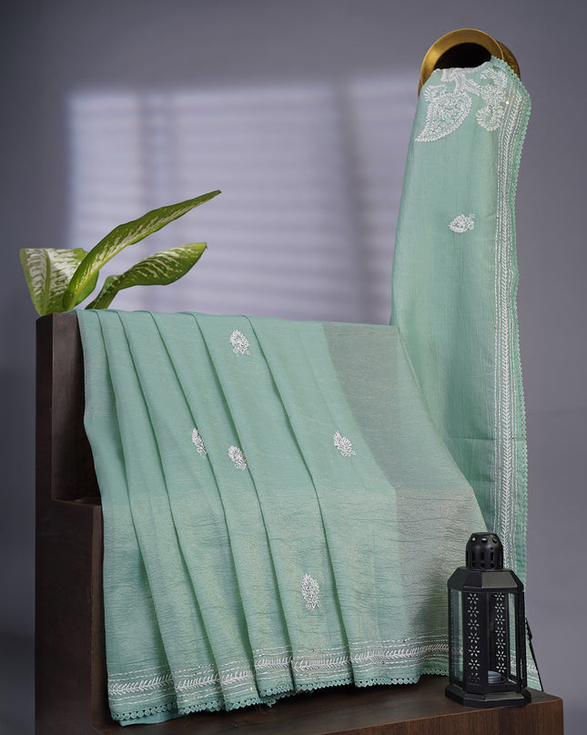 Crush Organza With Kantha Work & Lace Border - Green