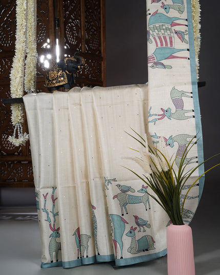 Tusser silk saree with all over  animal print - C & C Green