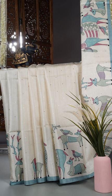 Tusser silk saree with all over  animal print - C & C Green