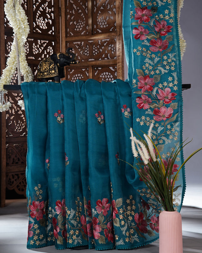 Soft organza saree with thread work butties and lace border  - Teal Blue
