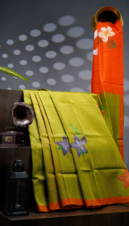 Mangalagiri Silk Saree With Hand Painting - Light Green