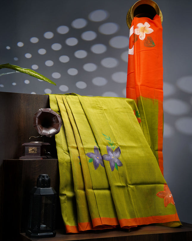 Mangalagiri Silk Saree With Hand Painting - Light Green