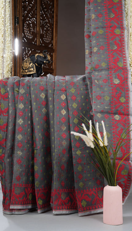 Lotus Cotton Saree With Floral thread Weaving Design - Grey