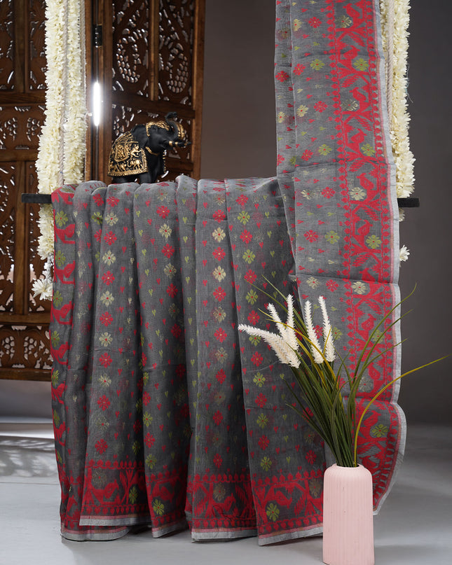 Lotus Cotton Saree With Floral thread Weaving Design - Grey