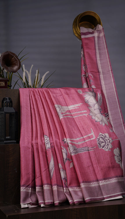 Tissue Silk With Digital Print & Thread Border - Pink