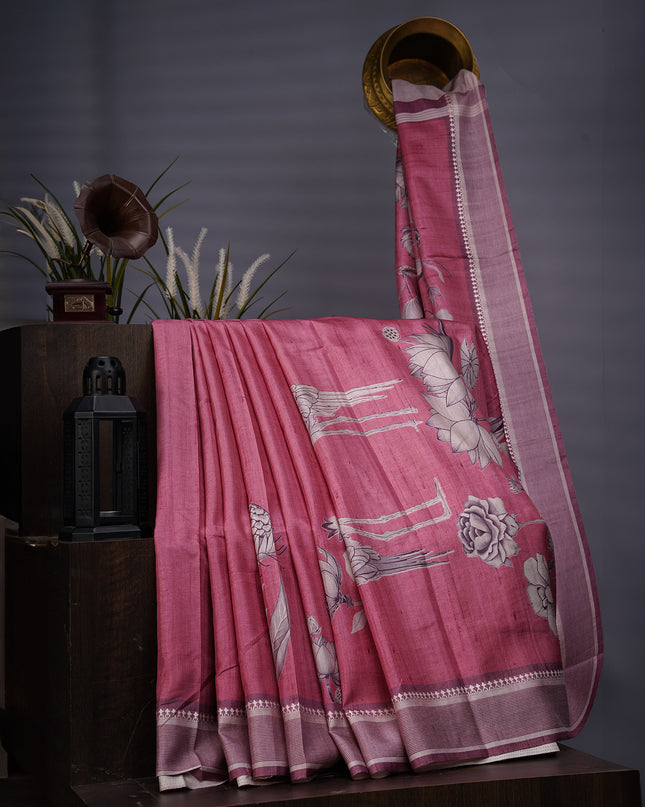 Tissue Silk With Digital Print & Thread Border - Pink