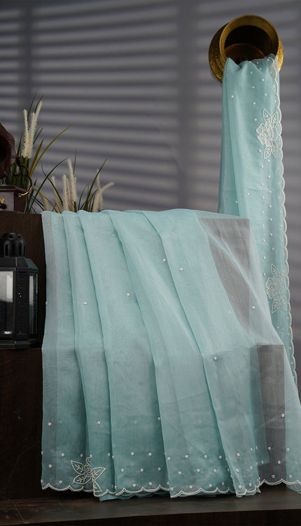 Tissue Linen Saree With Scallop Border With Pearl Work - Mint Blue