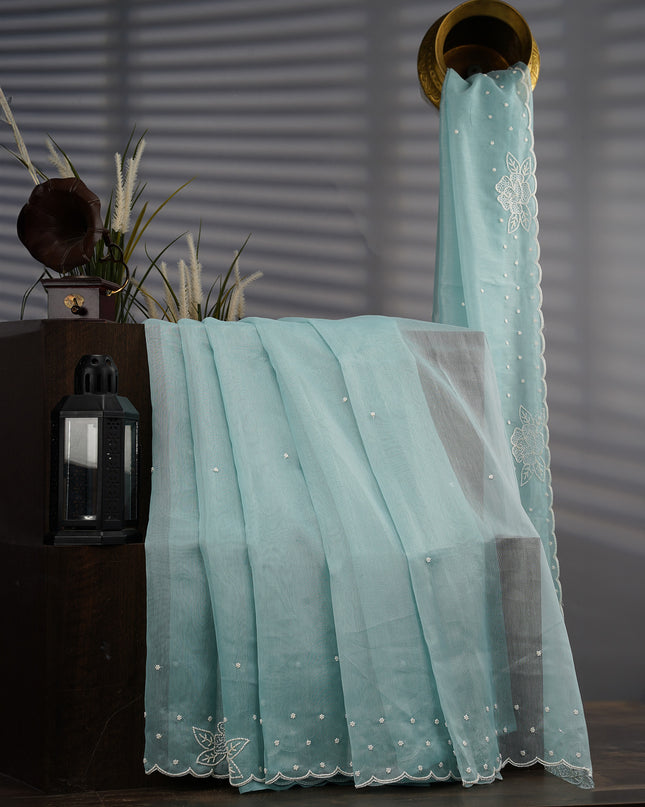 Tissue Linen Saree With Scallop Border With Pearl Work - Mint Blue
