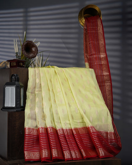 Chanderi Silk Saree With Gold & Silver Contrast Border - Green