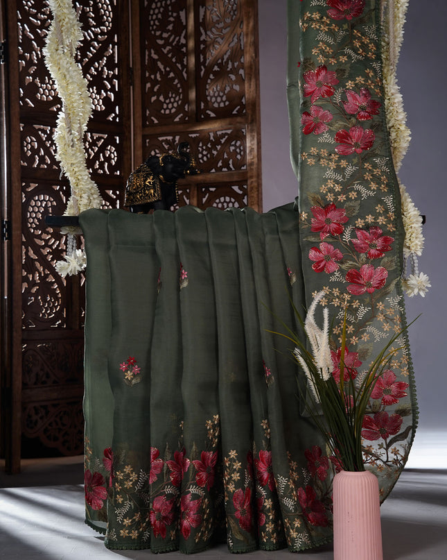 Soft organza saree with thread work butties and lace border - Green